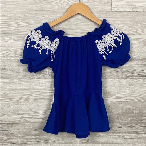 Navy Floral Off Shoulder Short Sleeve Blouse - Picture 5 of 5